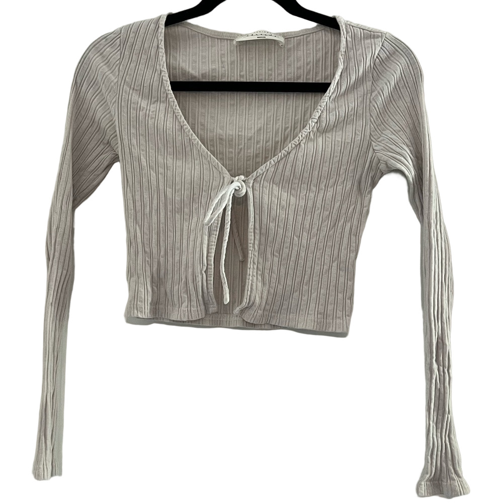 American Threads Light White Ribbed Tie-Front Blouse